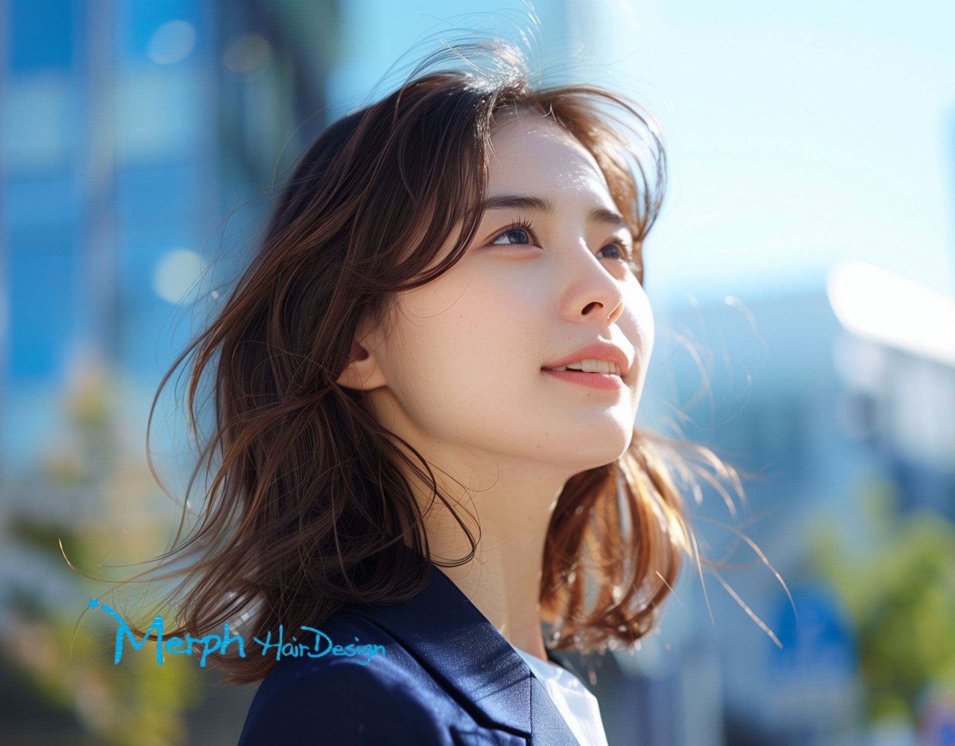 Merph Hair Designの初回限定キャンペーンをイメージした美しいミディアムヘアの女性