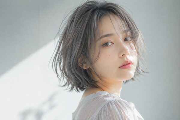 伊万里の美容室Merph Hair Designをイメージした上品なグレーアッシュ系ショートヘアの女性