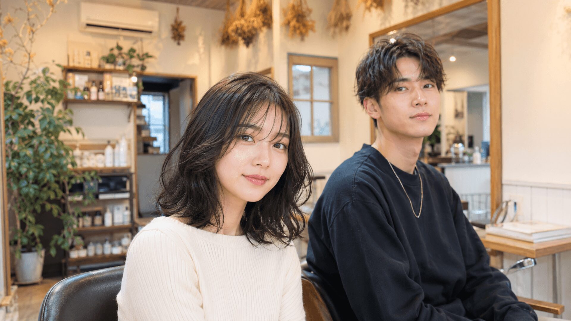 伊万里の美容室Merph Hair Designの男女カットメニューイメージ。女性と男性のヘアスタイルを自然体で表現した上品で清潔感のあるビジュアル。